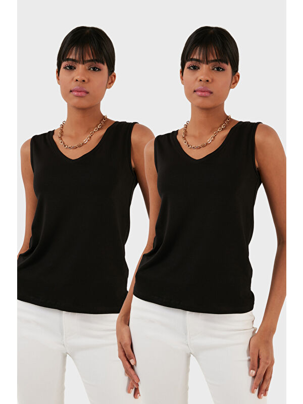 Lela Slim Fit V Yaka Kalın Askılı 2' li Paket Kadın Bluz 5864384S2