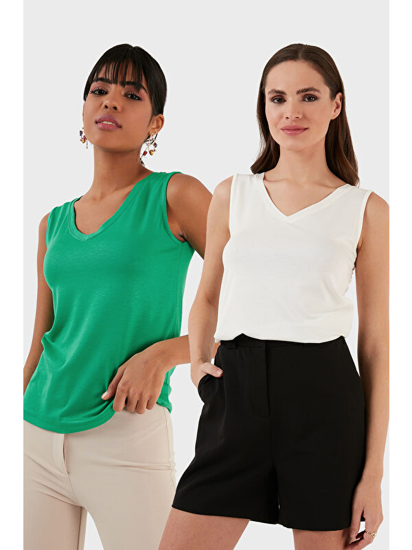 Lela Slim Fit V Yaka Kalın Askılı 2' li Paket Kadın Bluz 5864384S2