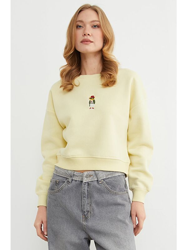 Fullamoda 3 İplik Ayıcık Nakışlı Bisiklet Yaka Sweatshirt