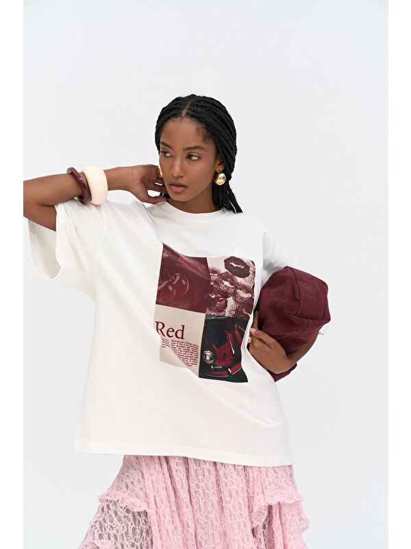 Mai Collection Red Bloom Oversize Beyaz T-Shirt