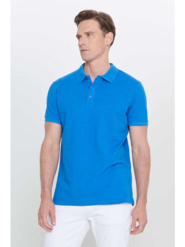 AC&Co / Altınyıldız Classics Erkek Royal Mavi Slim Fit Dar Kesim Polo Yaka %100 Pamuk Kısa Kollu Tişört
