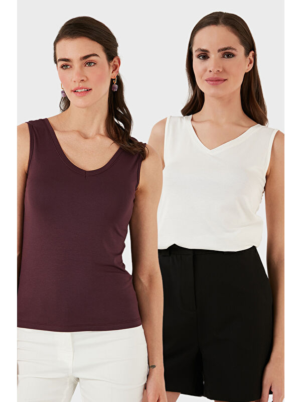 Lela Slim Fit V Yaka Kalın Askılı 2' li Paket Kadın Bluz 5864384S2