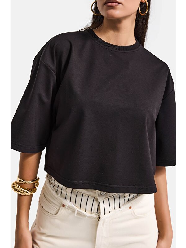 It's Basic Kadın Siyah Renk s6-1 Oversize Bol Kesim T-Shirt