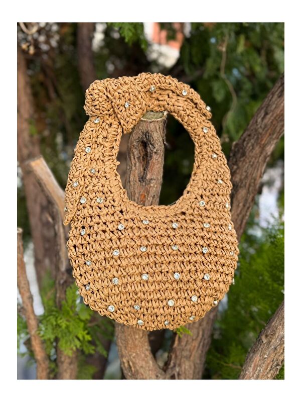 Luminos Butik Taş Detaylı El Örgüsü Camel Hasır Çanta 18x24 Cm CNT1048