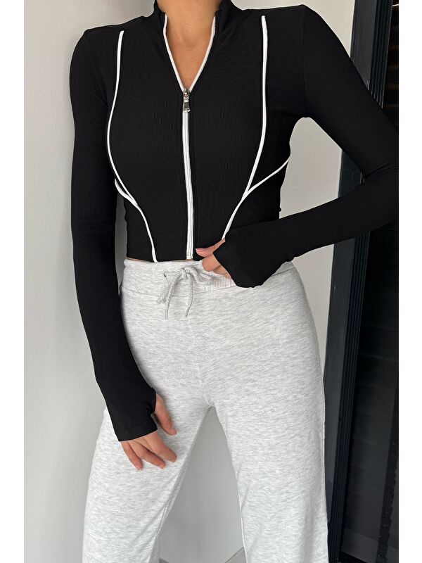 Gülseli Kadın Şerit Detaylı Ön Fermuarlı Elastanlı Crop Top Bluz