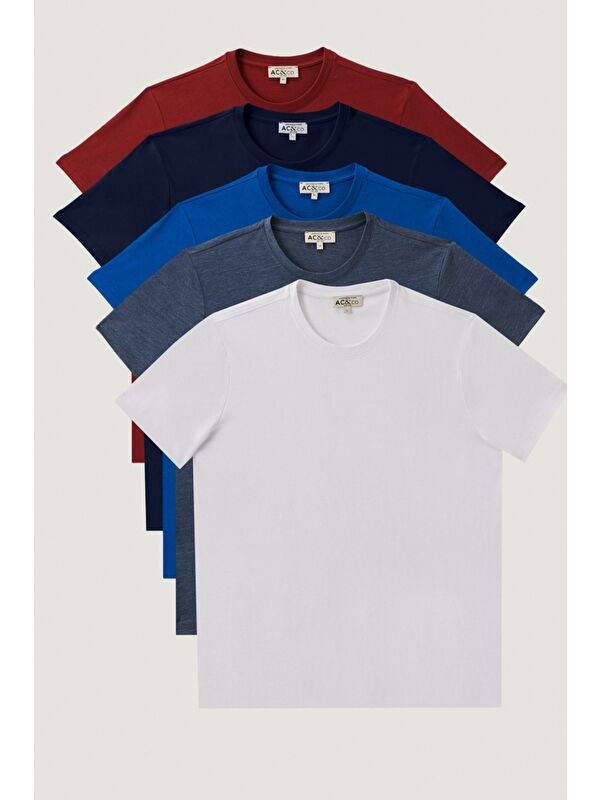 AC&Co / Altınyıldız Classics Erkek Beyaz-Saks-İndigo Melanj-Lacivert-Bordo Slim Fit Dar Kesim Bisiklet Yaka 5'li Tişört Paketi