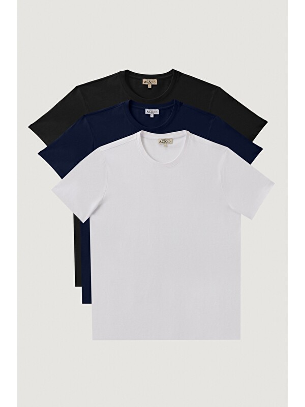 AC&Co / Altınyıldız Classics Erkek Siyah-Lacivert-Beyaz Slim Fit Bisiklet Yaka 3'lü %100 Pamuk Tişört Paketi