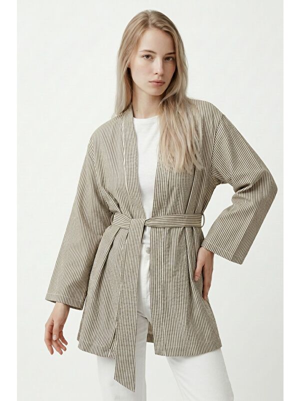 Saade Haki Kadın Dikey Çizgili Geniş Kollu Yazlık Relaxed Kimono