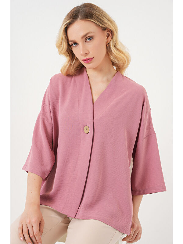 Bigdart Kadın Kısa Kol Oversize Kimono 5969 - Gül Kurusu