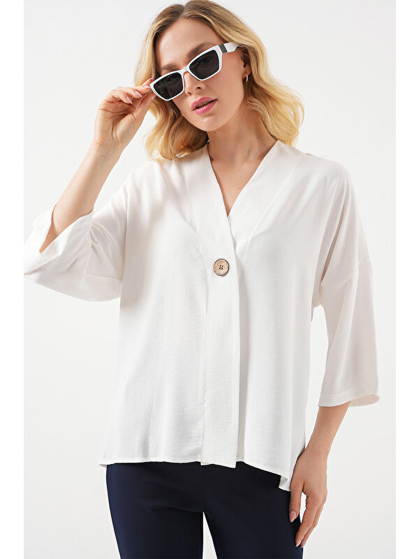 Bigdart Kadın Kısa Kol Oversize Kimono 5969 - Beyaz