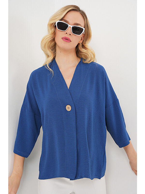 Bigdart Kadın Kısa Kol Oversize Kimono 5969 - İndigo