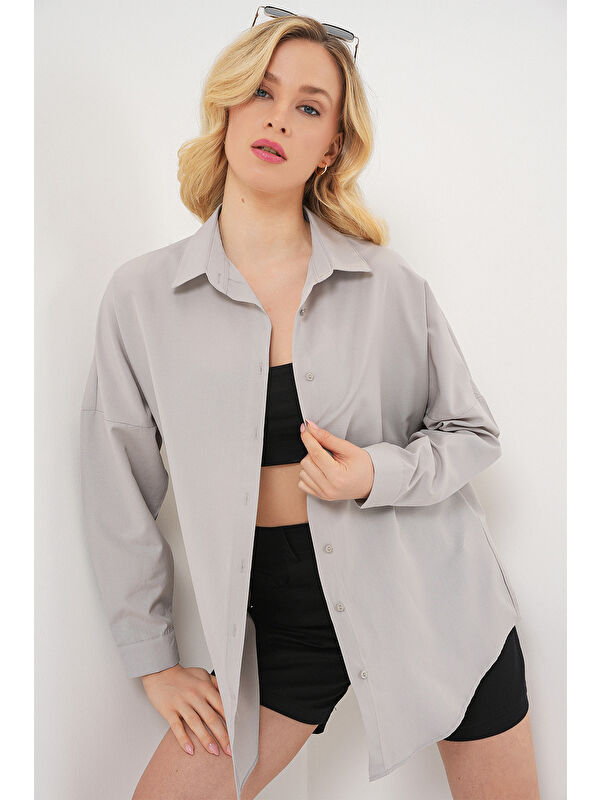 Bigdart 3900 Oversize Uzun Basic Gömlek - A.Gri