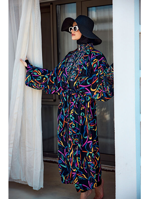 Remsa Mayo Remsa Tesettür Mayo Üzerine Tek Kaftan Kimono Pareo Siyah04 RP035 Yağmur