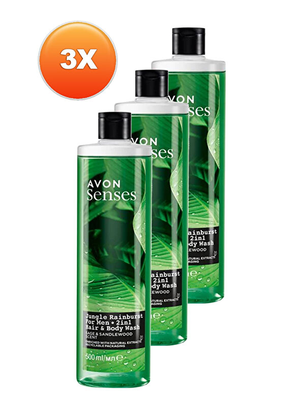 AVON Senses Adaçayı ve Sandal Ağacı Kokulu Erkek Saç ve Vücut Şampuanı 500 Ml. Üçlü Set