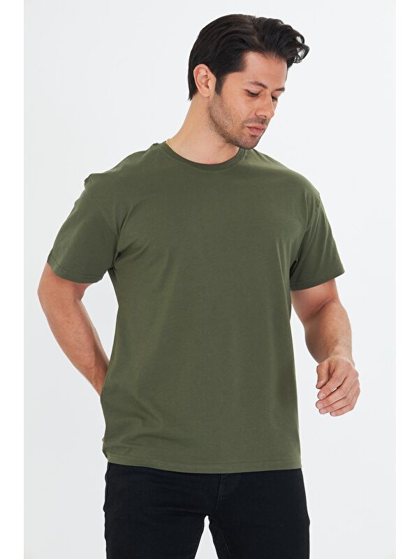 TRENDHILL Erkek Pamuklu Bisiklet Yaka Oversize Tişört Haki 5015-H