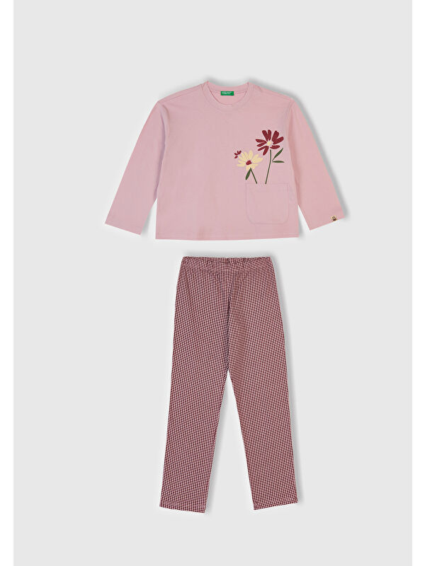 United Colors Of Benetton Kız Çocuk Toz Pembe-Mor Üstü Baskılı Cep Detaylı Altı Desenli Slim Fit Pijama Takımı