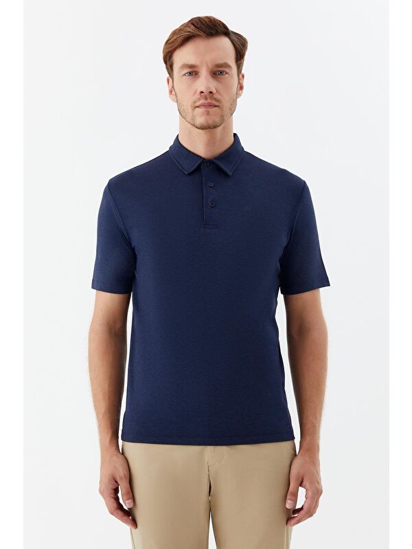 Sabri Özel Erkek Açık Lacivert Dar Kesim Slim Fit Pamuklu Dokuma Düğmeli Polo Yaka Tişört