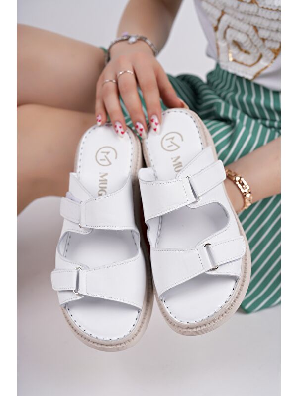 MORGEN Hakiki Deri Çift Bantlı Ayarlanabilir Ortopedik Günlük Kadın Terlik - Görsel 7