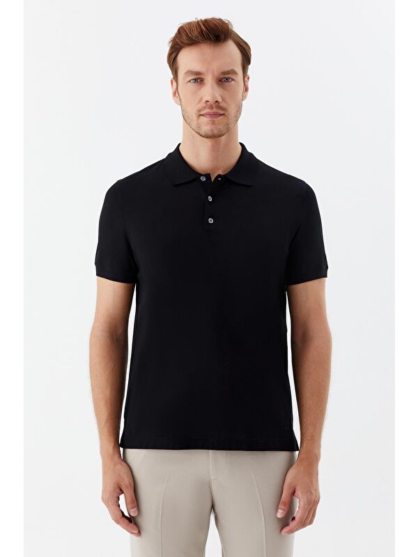 Sabri Özel Düğmeli Polo Yaka Erkek Basic T-Shirt Siyah