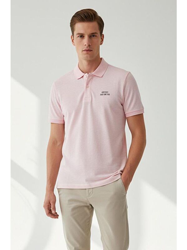 Sabri Özel Giotelli Pembe Slim Fit %100 Pamuk Düğmeli Polo Yaka Erkek Tişört