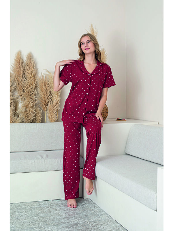 Line Smart Kadın Kırmızı %100 Doğal Pamuk Kalpli Gömlek Yaka Kısa Kollu Kaliteli Pijama Takımı