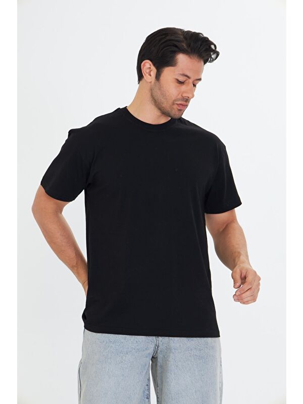 TRENDHILL Erkek Pamuklu Bisiklet Yaka Oversize Tişört Siyah 5015-S