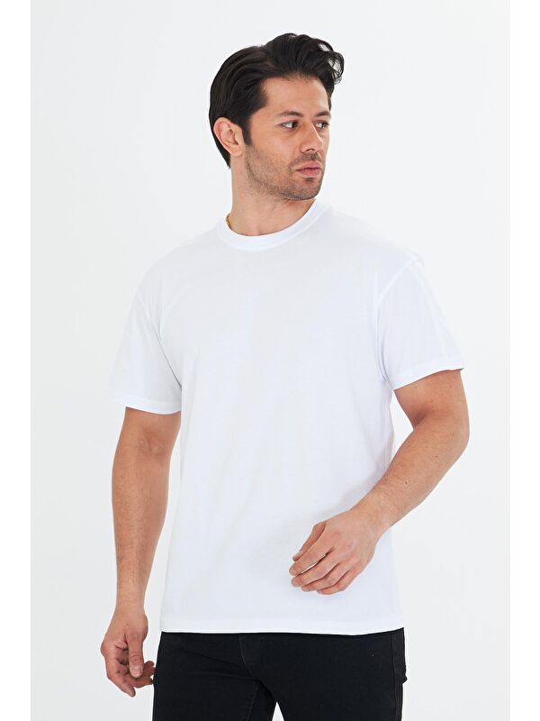 TRENDHILL Erkek Pamuklu Bisiklet Yaka Oversize Tişört Beyaz 5015-B