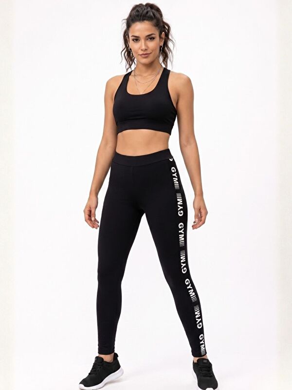 Trendseninle Kadın Siyah Nefes Alabilen Ultra Rahat Kumaş GYM Kabartma Baskılı Sporcu Tayt