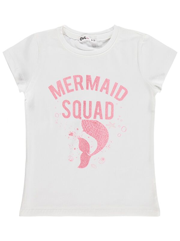 Civil Girls Mermaid Baskılı 6-9 Yaş Tişört - Kırık Beyaz