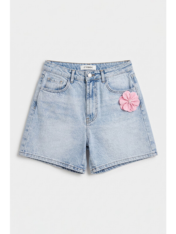 It's Basic Kadın Mavi 4s6-3 Mom Relax Gül ve Nakış Detaylı Özel Tasarım Denim Şort