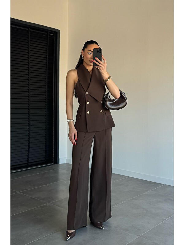 Gülseli Perry Kadın Gold Detaylı Yelek Pantolon İkili Takım
