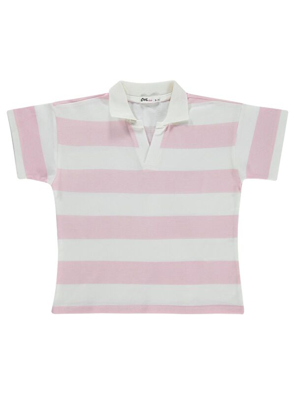 Civil Girls Çizgili Polo Yaka 10-13 Yaş Tişört - Pudra