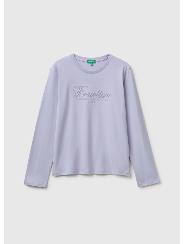 United Colors Of Benetton Kız Çocuk Lila Önü İşlemeli Uzun Kollu Tişört