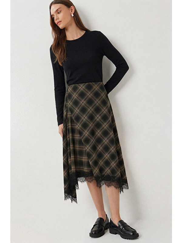 Happiness İstanbul Dantelli Kareli Midi Dokuma Etek SİYAH BEJ LDP0095