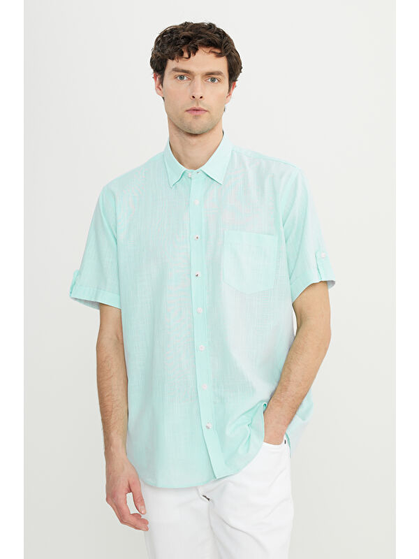 AC&Co / Altınyıldız Classics Erkek Mint Comfort Fit Rahat Kesim Gizli Düğmeli Yaka Keten Görünümlü %100 Pamuk Flamlı Gömlek
