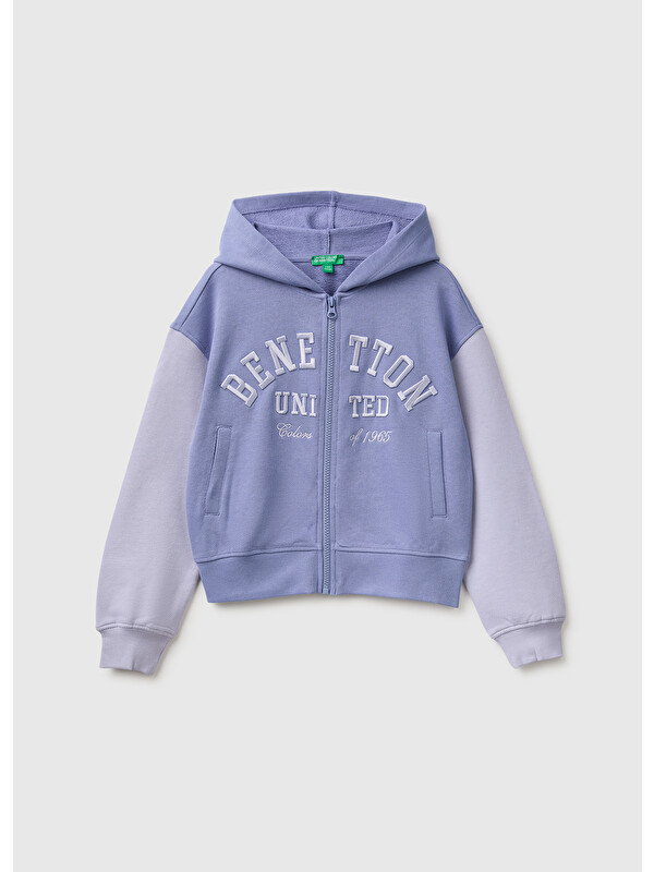 United Colors Of Benetton Kız Çocuk Lila Önü İşlemeli Ribanalı Cepli Kapüşonlu Fermuarlı Sweatshirt