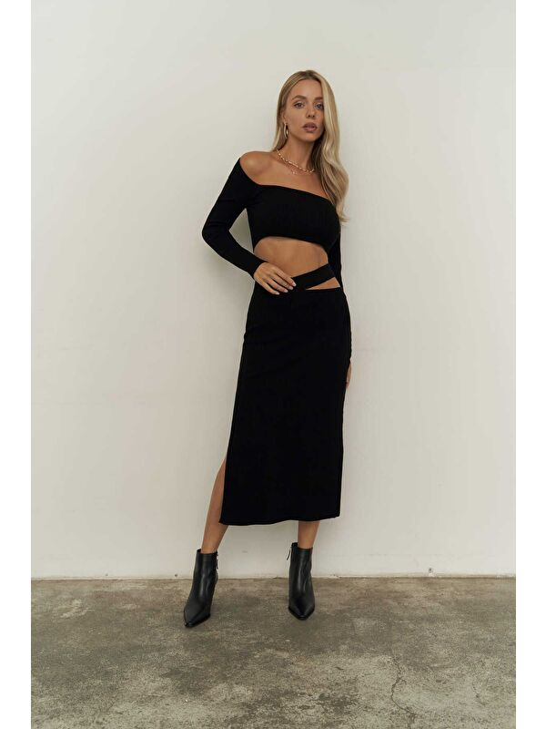 Mai Collection Sabrina Siyah Triko Etek-crop Takım