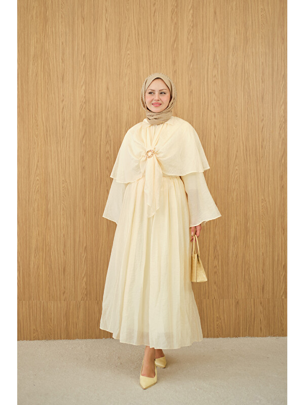 Locco Moda Kadın Üç Parçalı Tül Kumaş Gold Broş Detay Takım Sarı