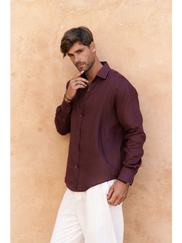 Bohemai Agnola Oversize Erkek Bordo Keten Gömlek