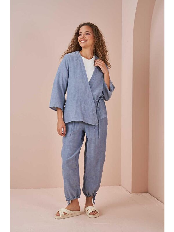 Mevra Kruvaze Kimono Müslin Bluz Mavi