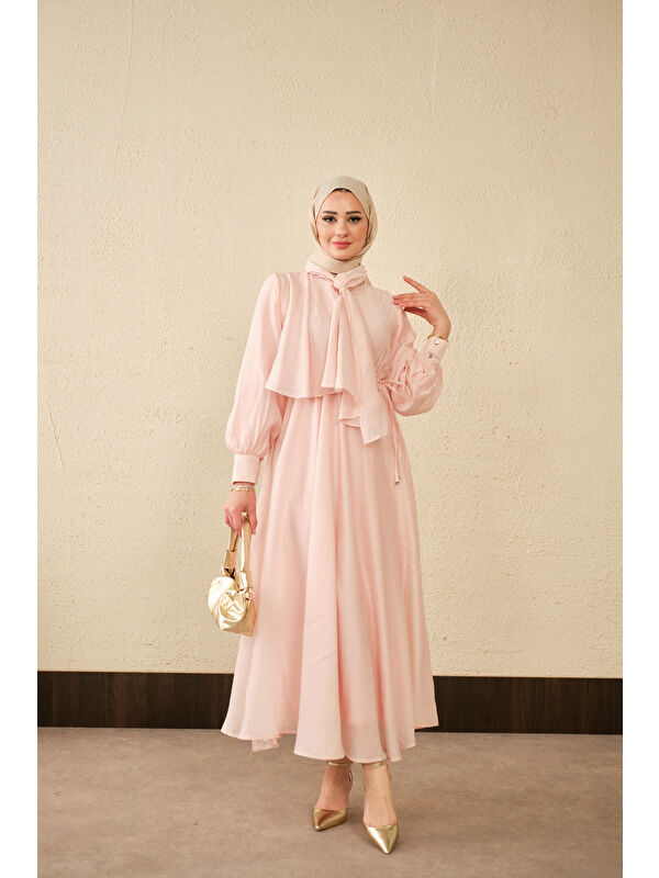 Locco Moda Kadın Tül Detay Şal Yaka Bel Bağlamalı Elbise Pembe