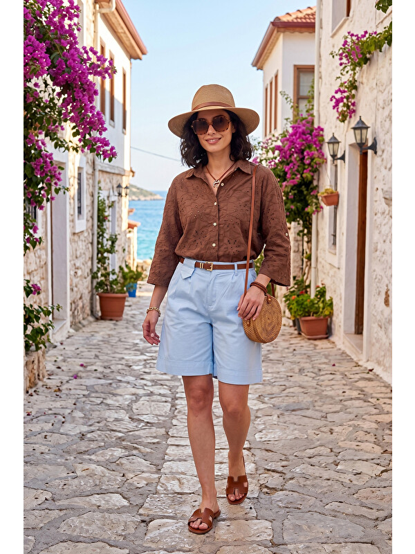 Lela Pamuklu Loose Fit Pileli Kemerli Kadın Bermuda Şort 668YP5439