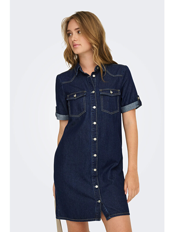 Only Onllisa Pamuklu Regular Fit Klasik Yaka Mini Jean Kadın Elbise 15353176