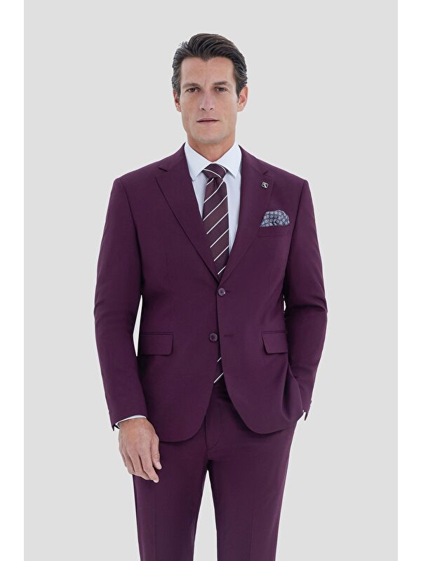 Sabri Özel Erkek Bordo Slim Fit Mono Yaka 6 Drop Tam Astarlı Takım Elbise