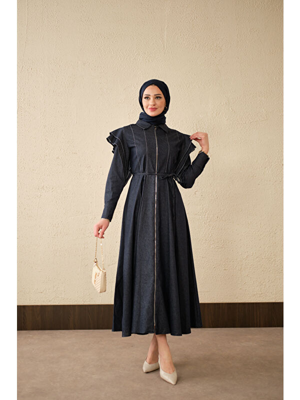 Locco Moda Kadın Dikiş Detay Omuz Büzgülü Jean Elbise Lacivert