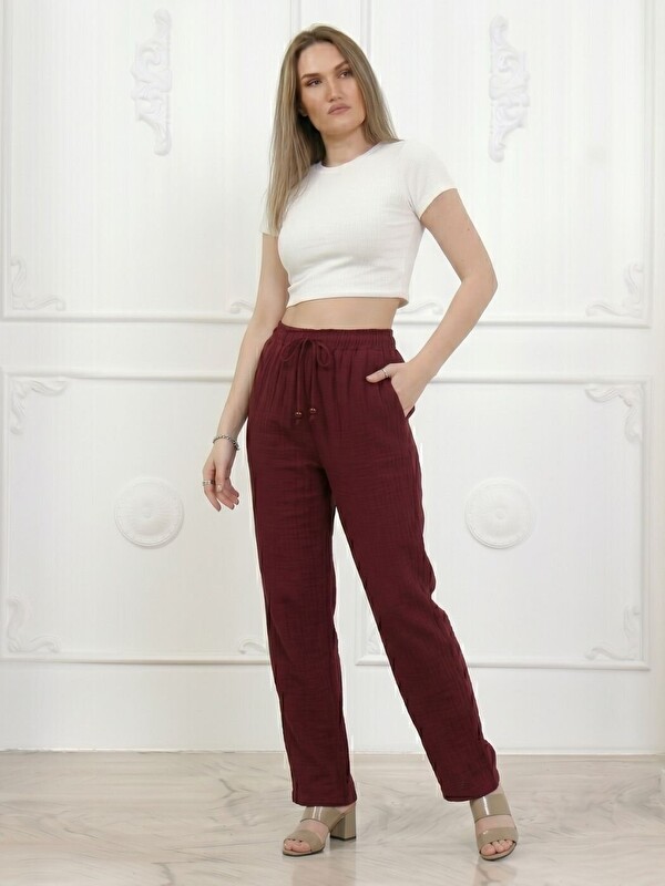 Trendseninle Kadın Pamuk Müslin Kumaş Bolpaça Pantolon Bordo