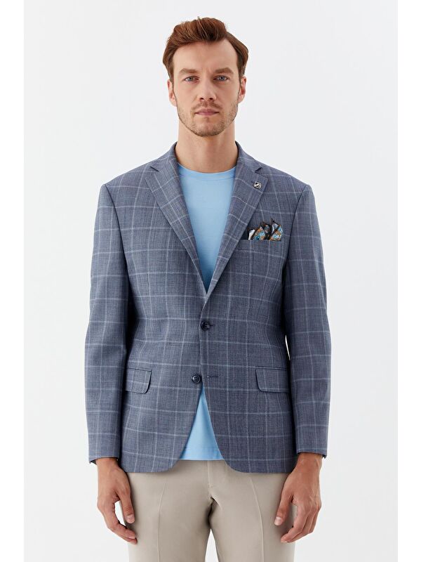 Sabri Özel Erkek Mavi Mono Yaka Blazer Ceket – 4 Drop, Klasik Kesim