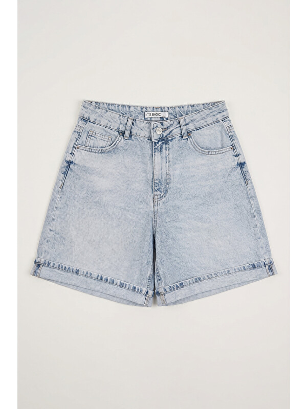 It's Basic Kadın Ice 4s6-3 Relax Fit Bol Kesim Duble Paça Denim Şort