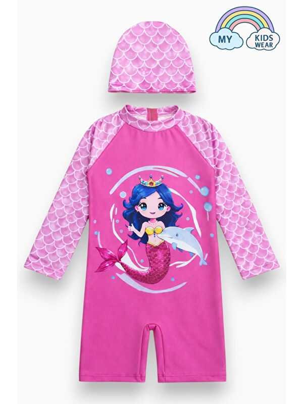 My Kids Wear Kız Çocuk Uzun Kollu Mayo ve Bone-Set 3-10 Yaş 12598