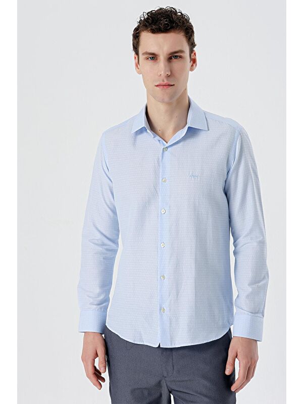 İMZA Koyu Mavi Uzun Kollu Desenli Armürlü Sert Yaka Cepsiz Pamuklu Slim Fit Dar Kesim Gömlek 1004235168